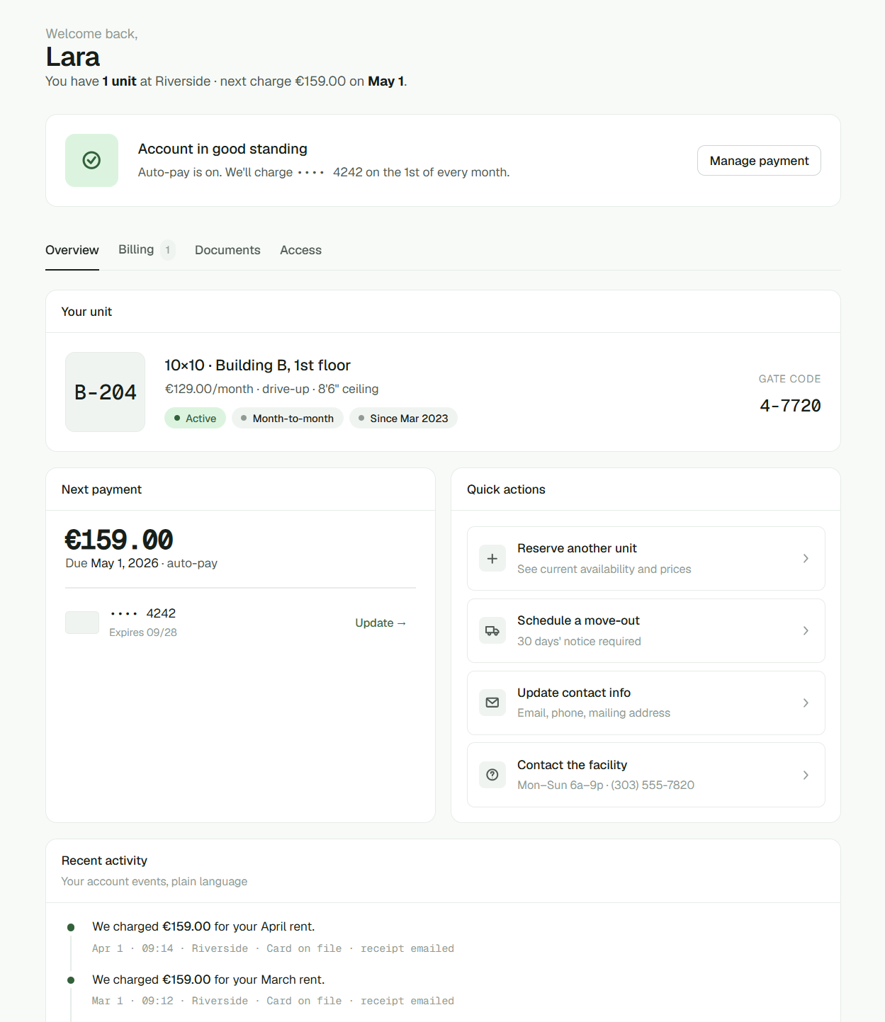 Klantportaal met accountstatus, unit B-204, next payment en quick actions