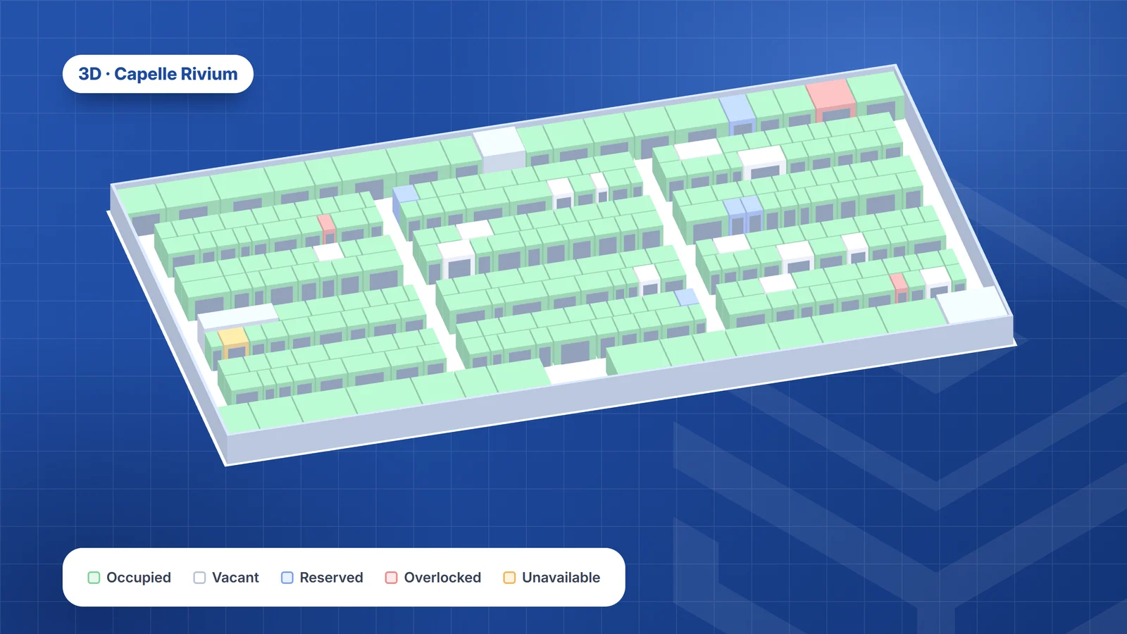 3D model of the fictional facility Capelle Rivium with units coloured by status on a blue background, a 3D · Capelle Rivium label and a status legend, in TSC blue with fictional data