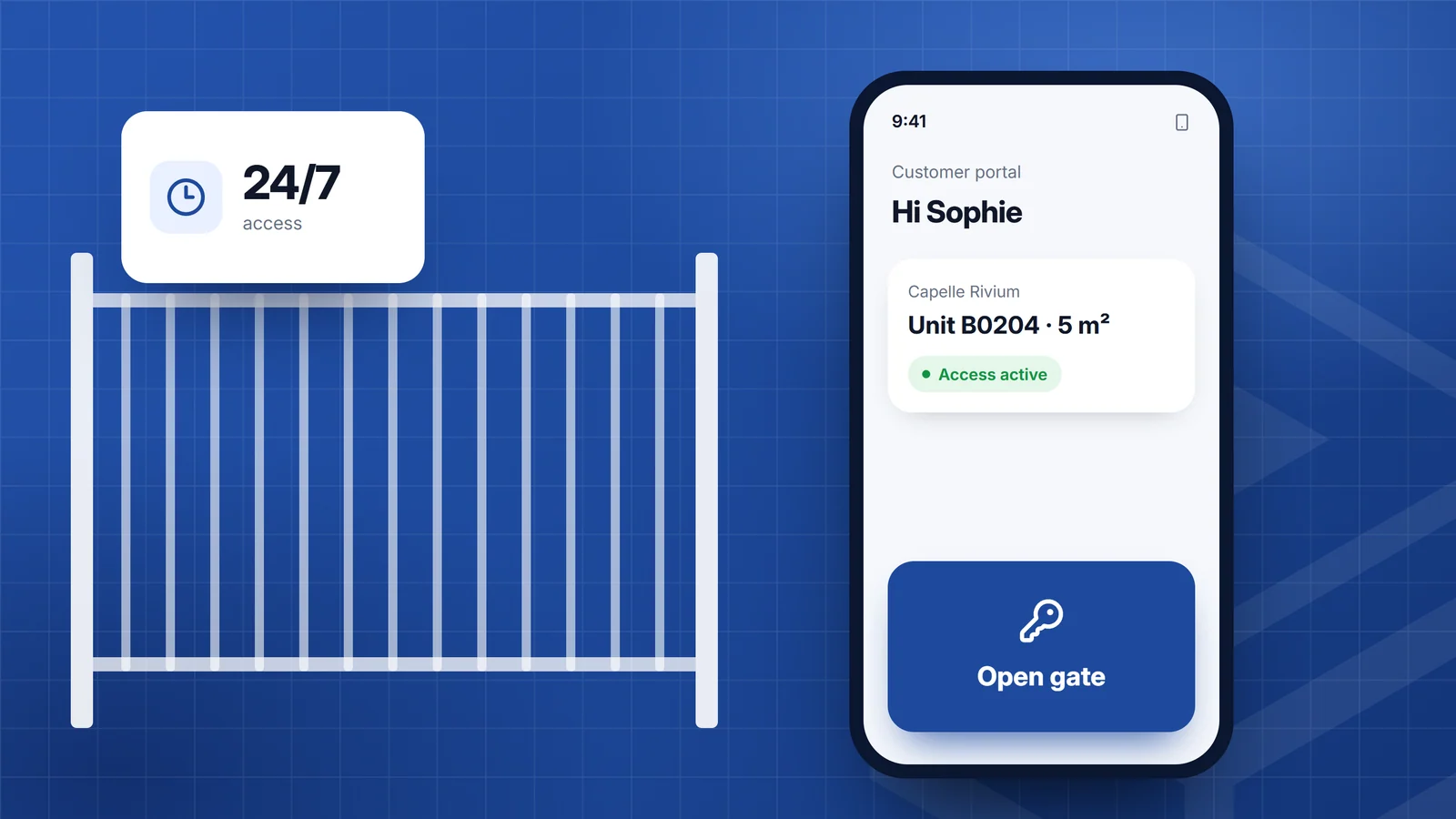 Illustration in TSC blue of a smartphone showing the Open gate button from the customer portal, with an entry gate and a 24/7 clock behind it, using fictional data