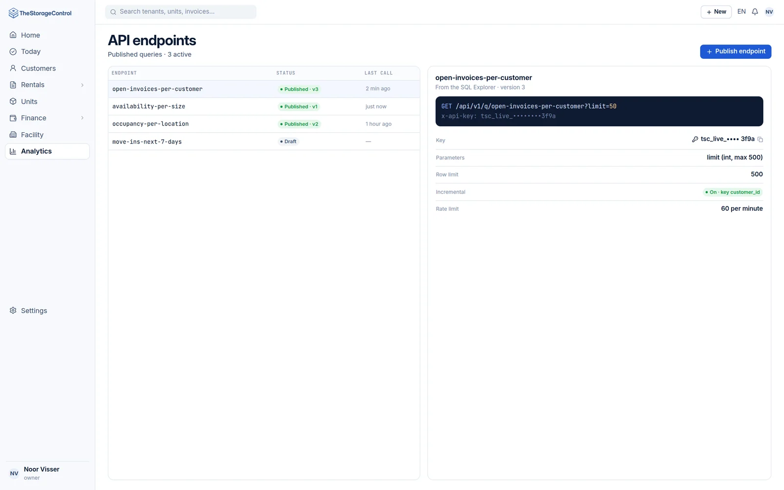 A saved query published as an API endpoint with its own key