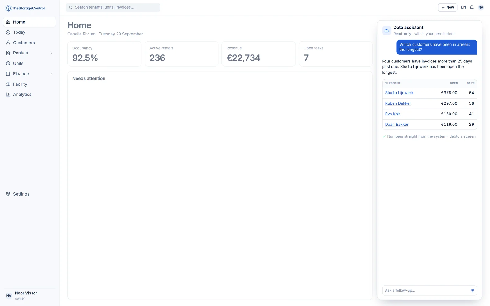 AI data assistant answering a question about debtors with a table from the system