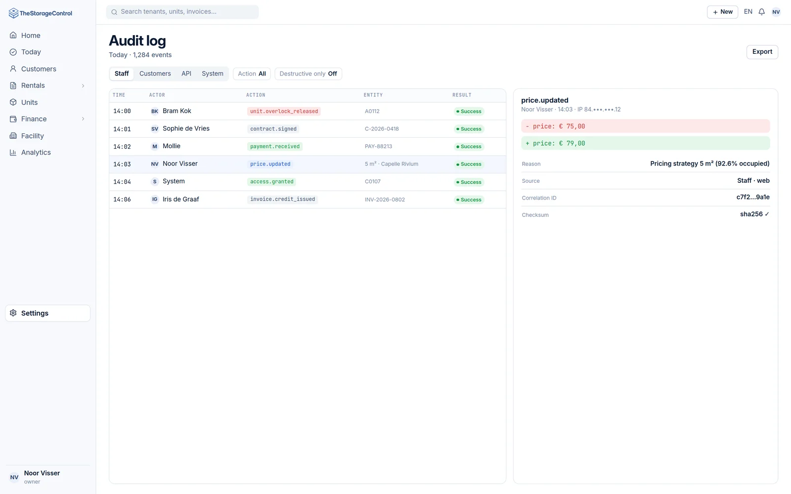 Audit log with actor, action, entity, IP address, result and the before-and-after change