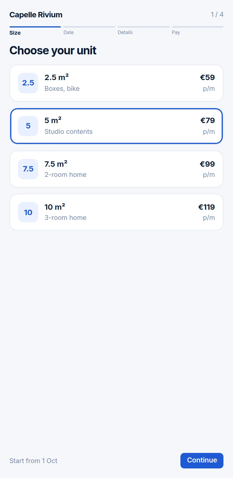 Online booking flow on a phone: choose a unit size, date, details and pay