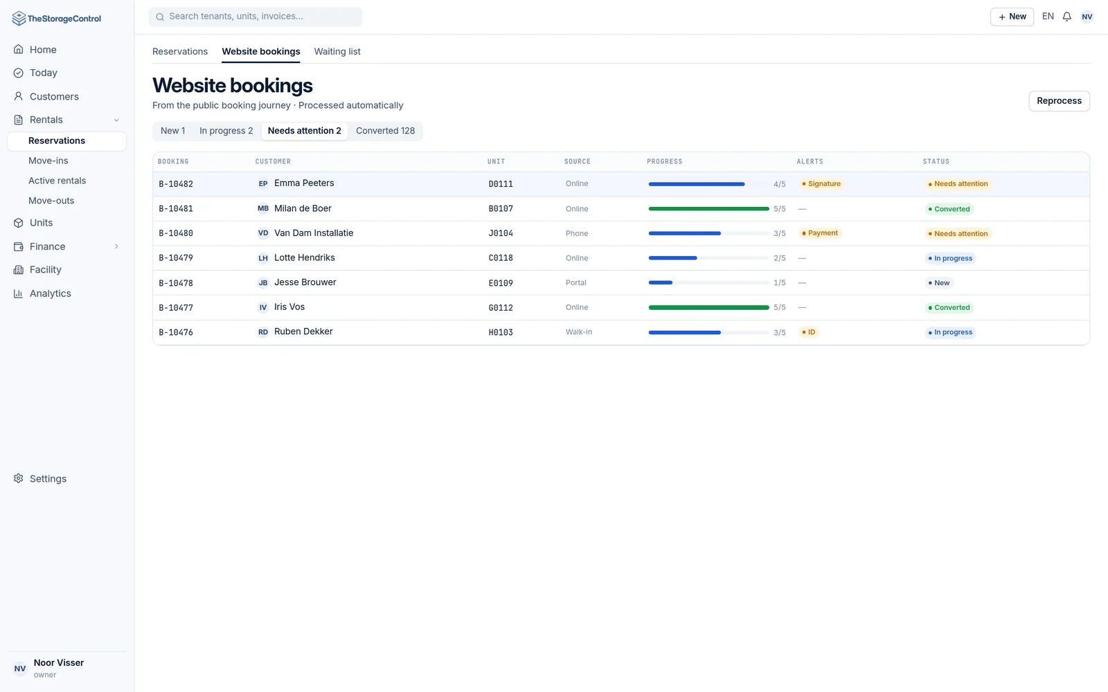 Inbox of website bookings by status: new, in progress, needs attention and converted