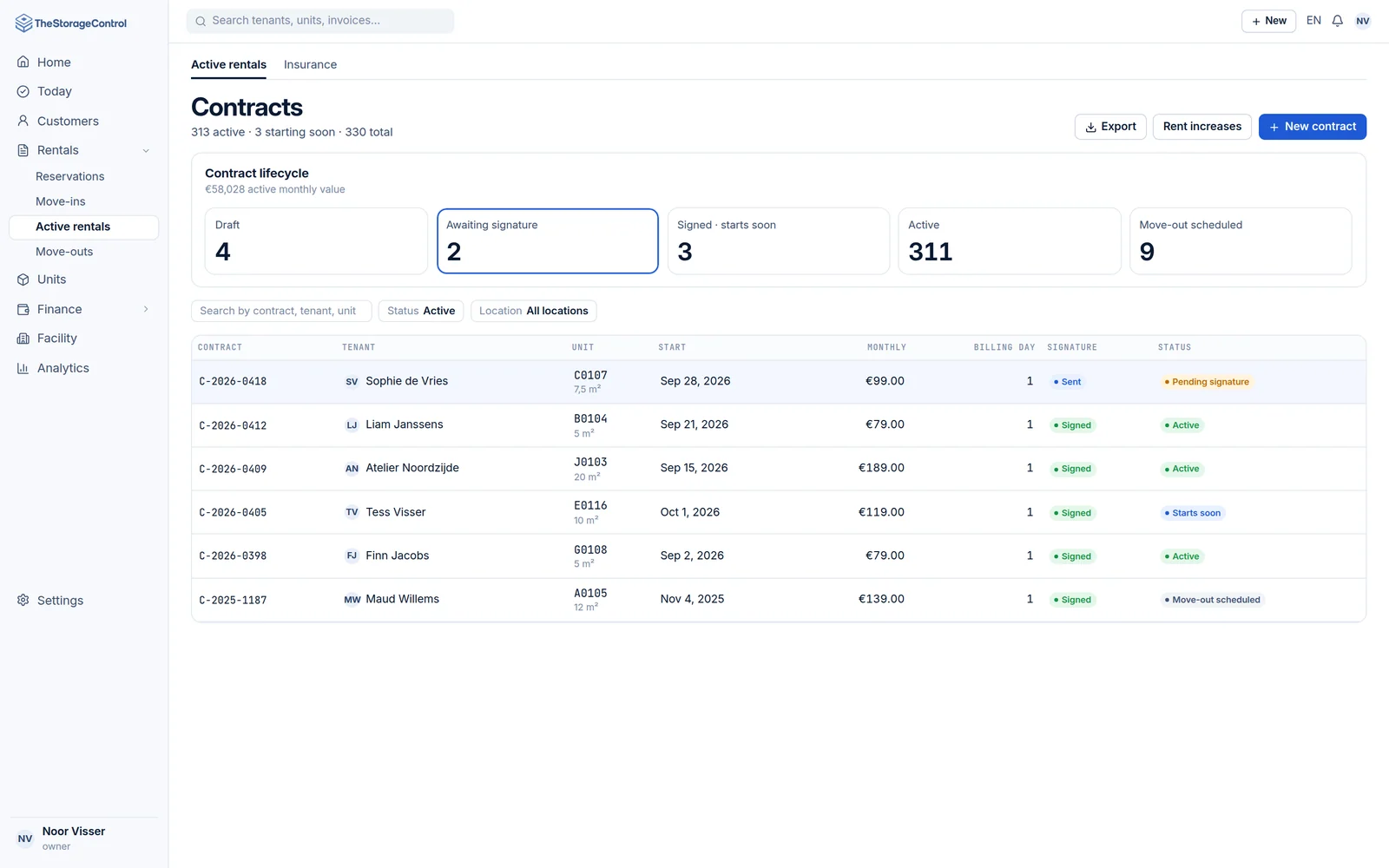 Contracts overview with the lifecycle: draft, awaiting signature, starting soon, active and move-out scheduled