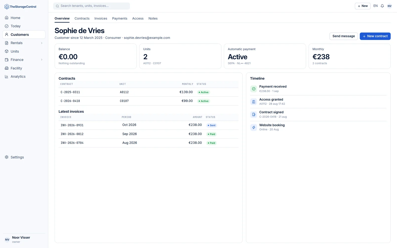 Customer file with units, contracts, invoices, payments and current balance