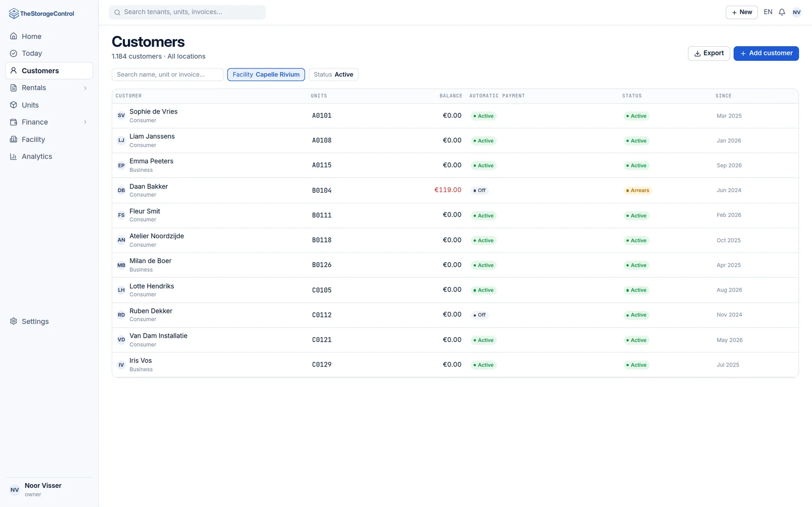 Customer list with linked units, balance, status and automatic payment