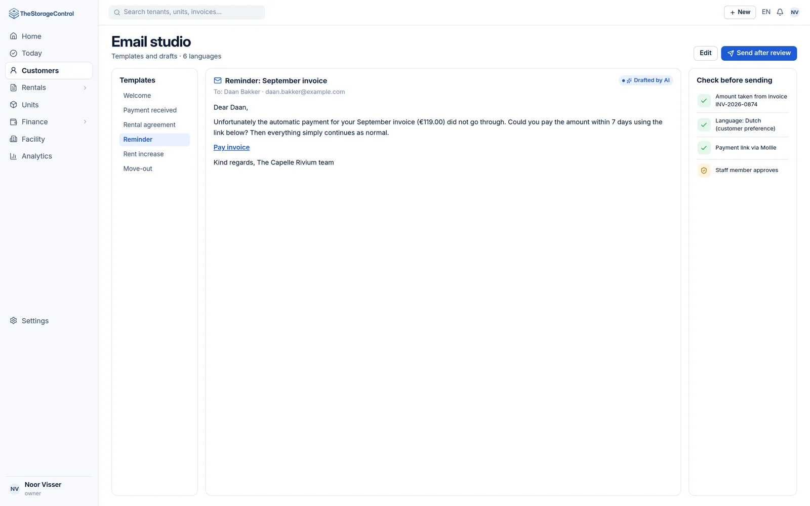 Email studio with a draft prepared by AI and reviewed by a staff member