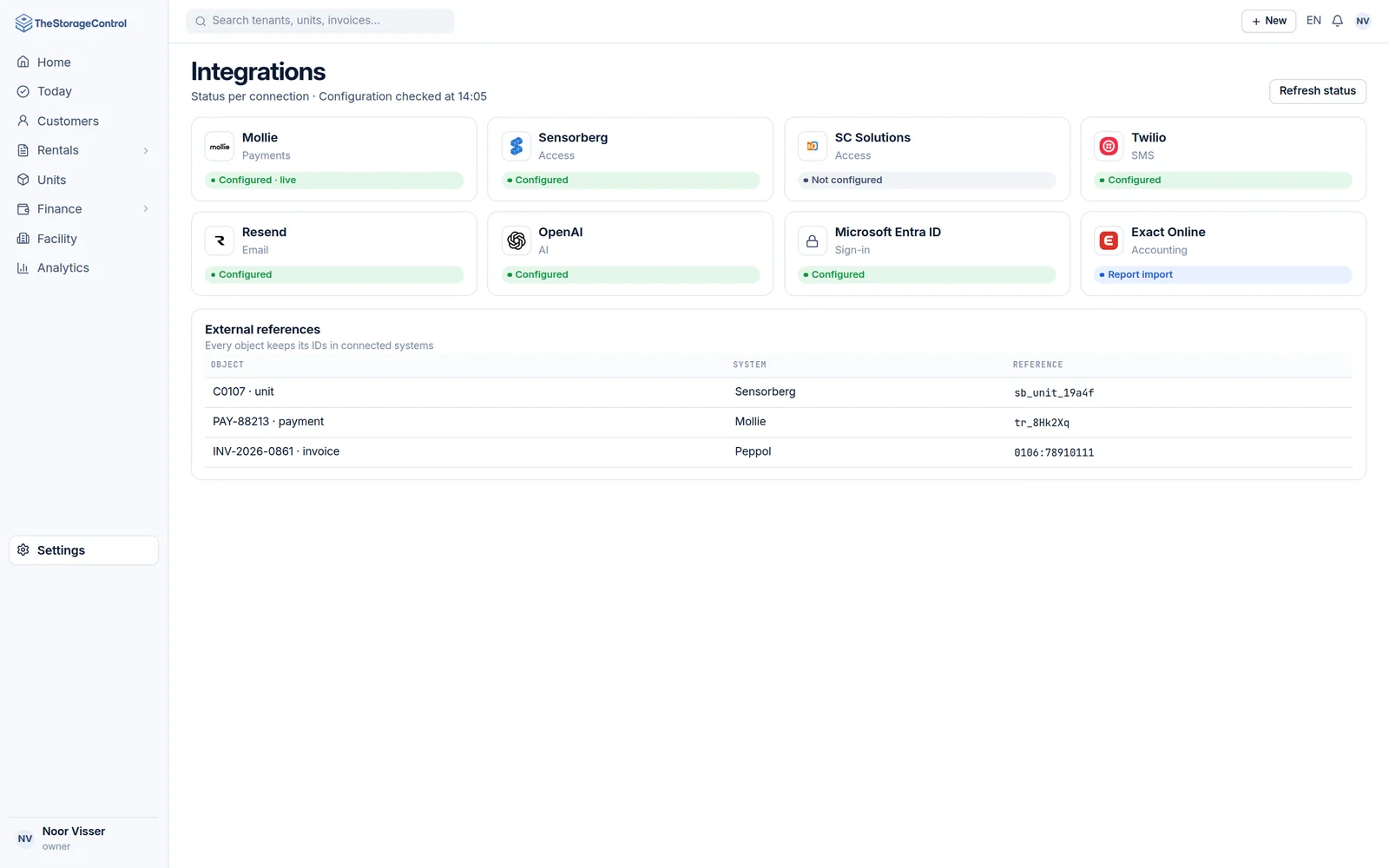 Integrations overview with the status of each connection