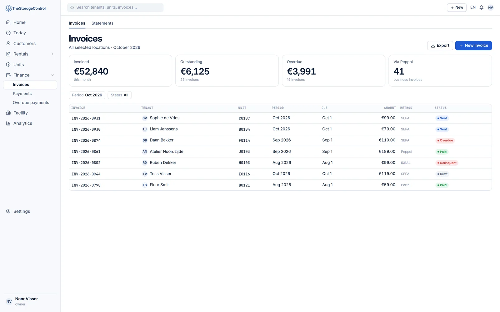 Invoice list with paid, overdue, delinquent and draft statuses