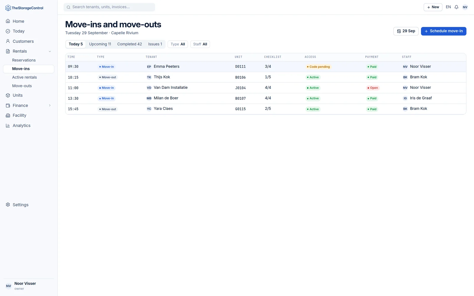 Move-in and move-out queue with checklist, access and payment status for each process