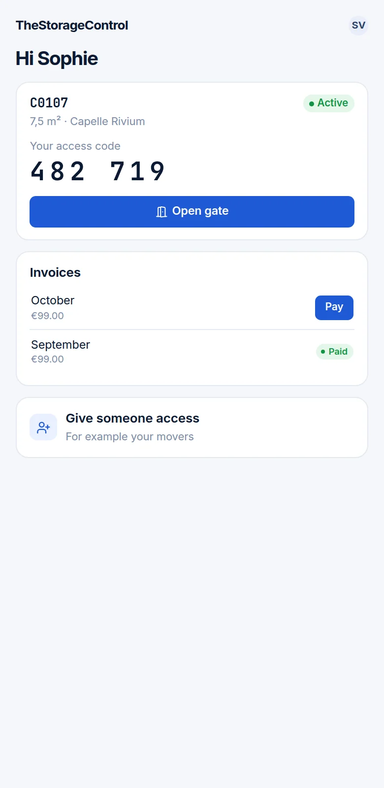 Customer portal on a phone showing the unit, access code and open invoices