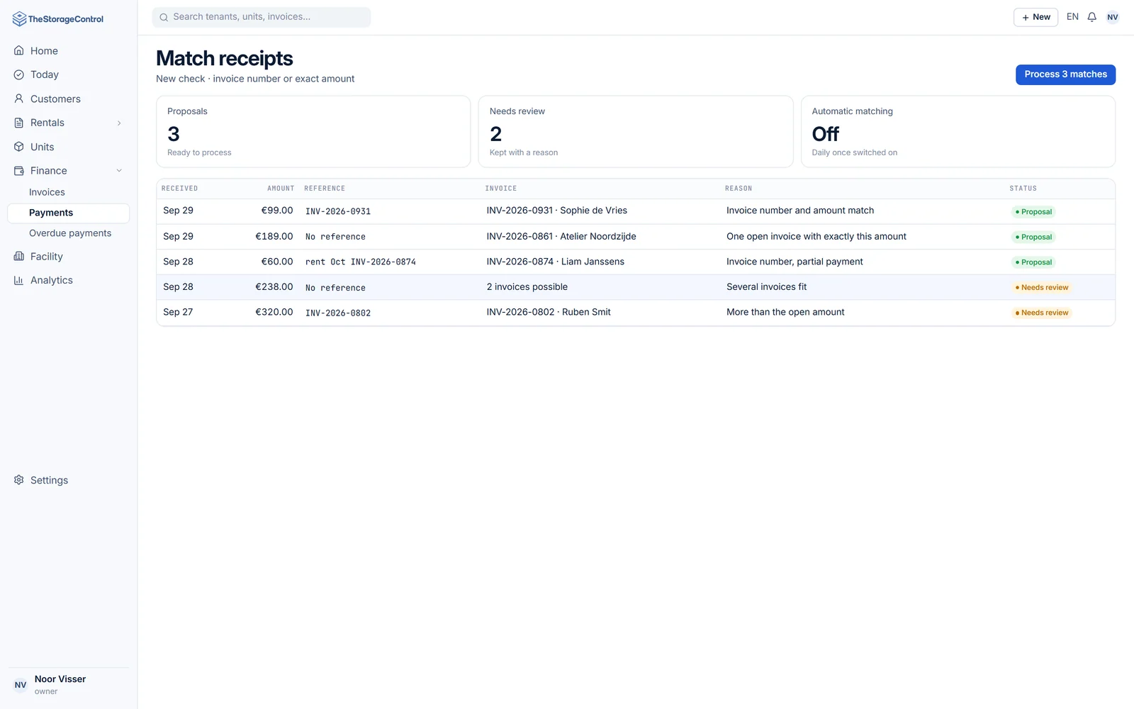 Match receipts: proposals by invoice number or exact amount, unclear cases with a reason under Needs review