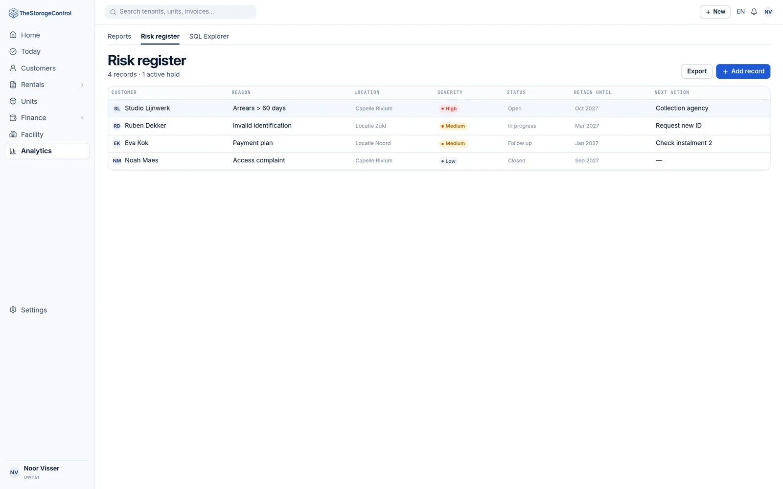 Risk register with customer, reason, facility, severity, status and next action