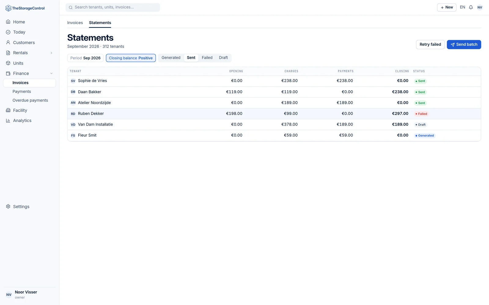 Account statements with opening balance, charges, payments, closing balance and delivery status