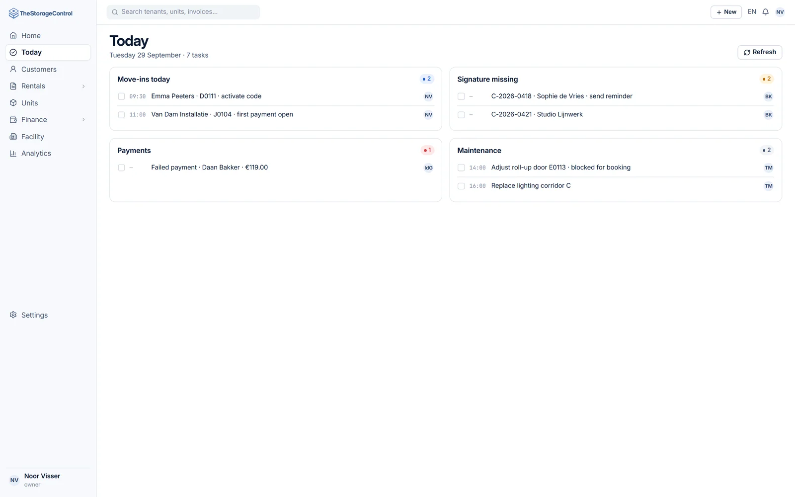 Today worklist with tasks for move-ins, signatures, payments and maintenance