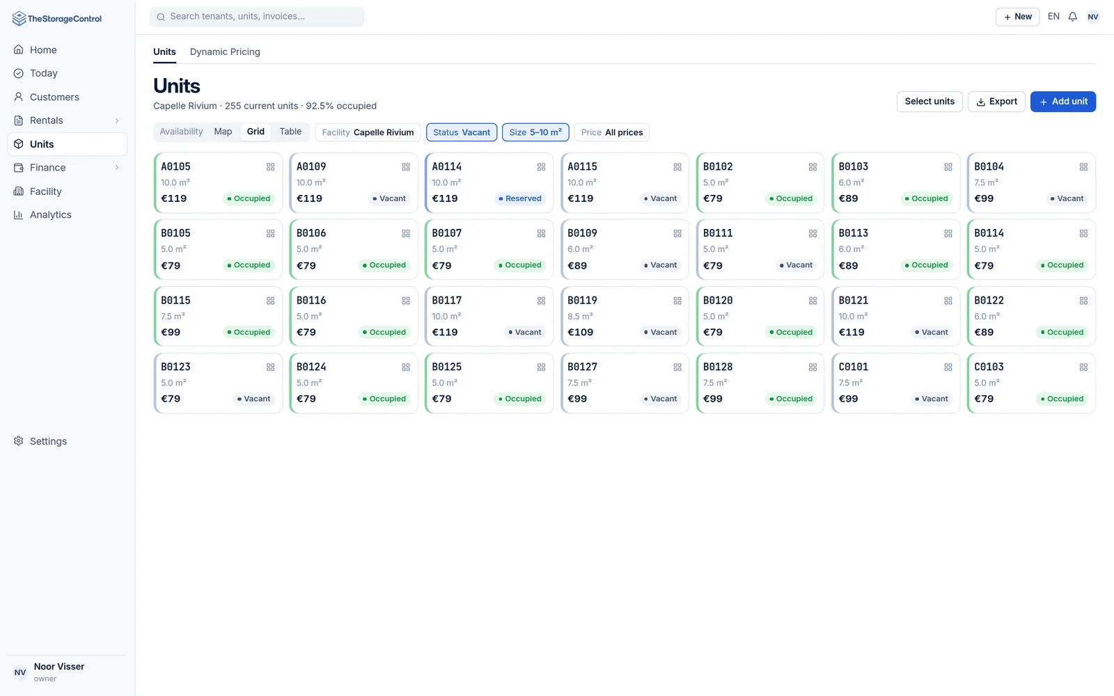 Units in grid view, filtered by size and availability, with monthly price