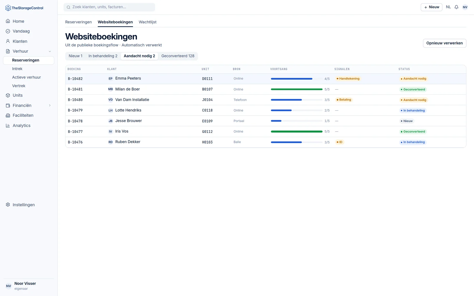 Inbox met websiteboekingen per status: nieuw, in behandeling, aandacht nodig en geconverteerd
