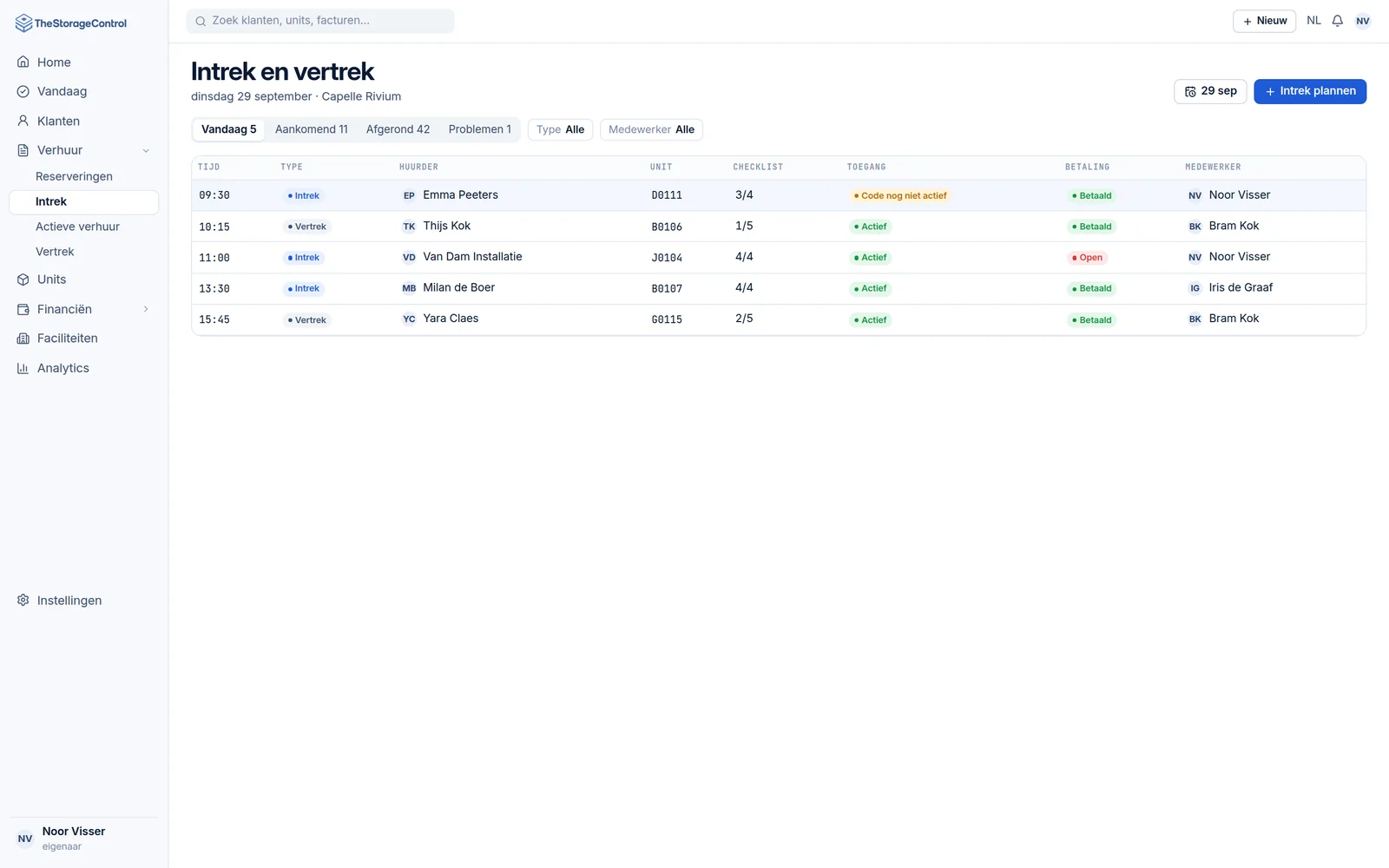 Wachtrij voor move-ins en move-outs met checklist-, toegangs- en betaalstatus per proces