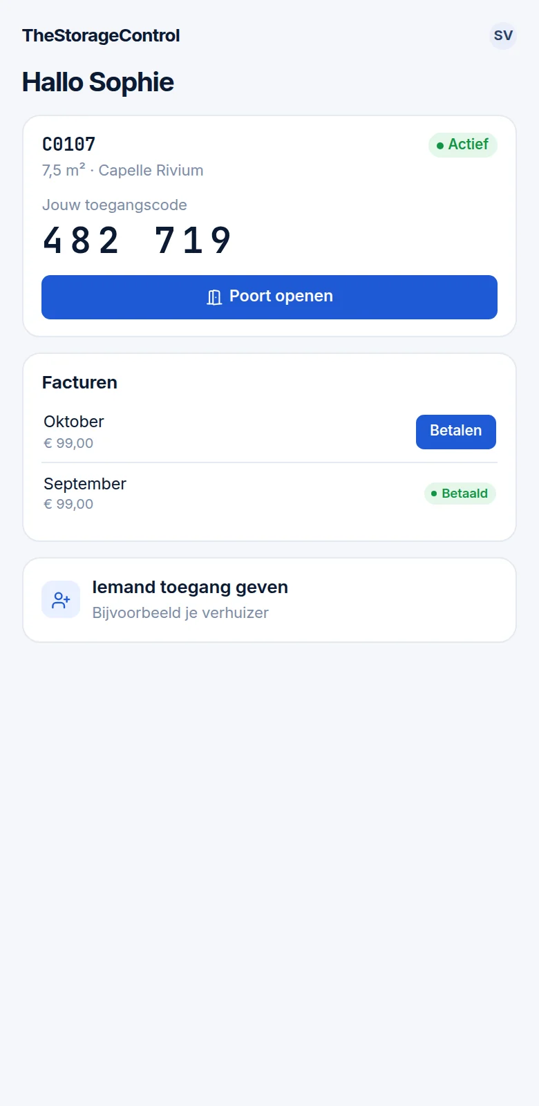 Klantportaal op een telefoon met unit, toegangscode en openstaande facturen